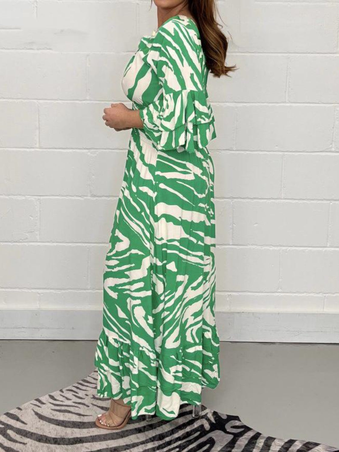 Smocked Printed Flounce Sleeve Maxi Dress