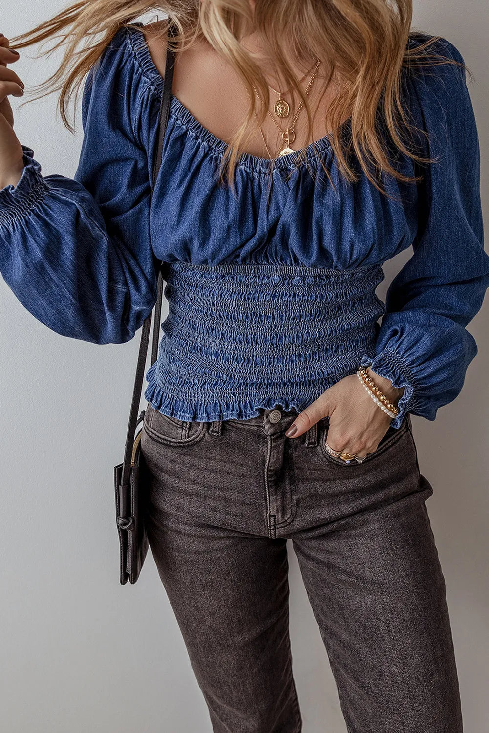 Smocked Long Sleeve Denim Top