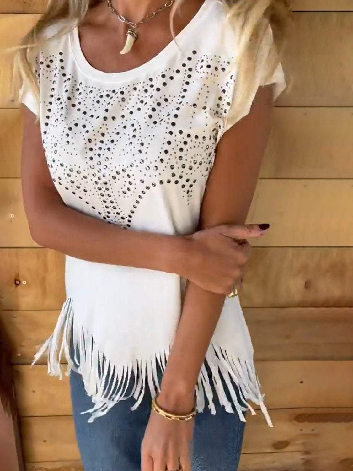 Studded Fringe Round Neck Cap Sleeve T-Shirt