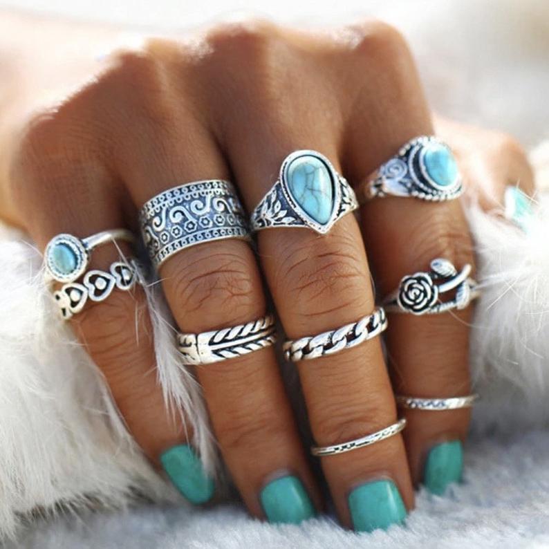 Artificial Turquoise Alloy Ring 10-Piece Set