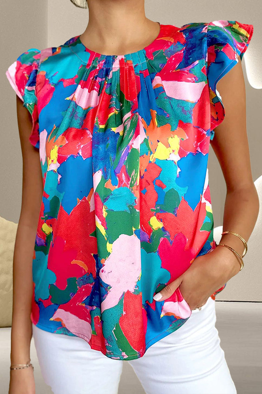 Ruffled Abstract Print Round Neck Cap Sleeve Blouse