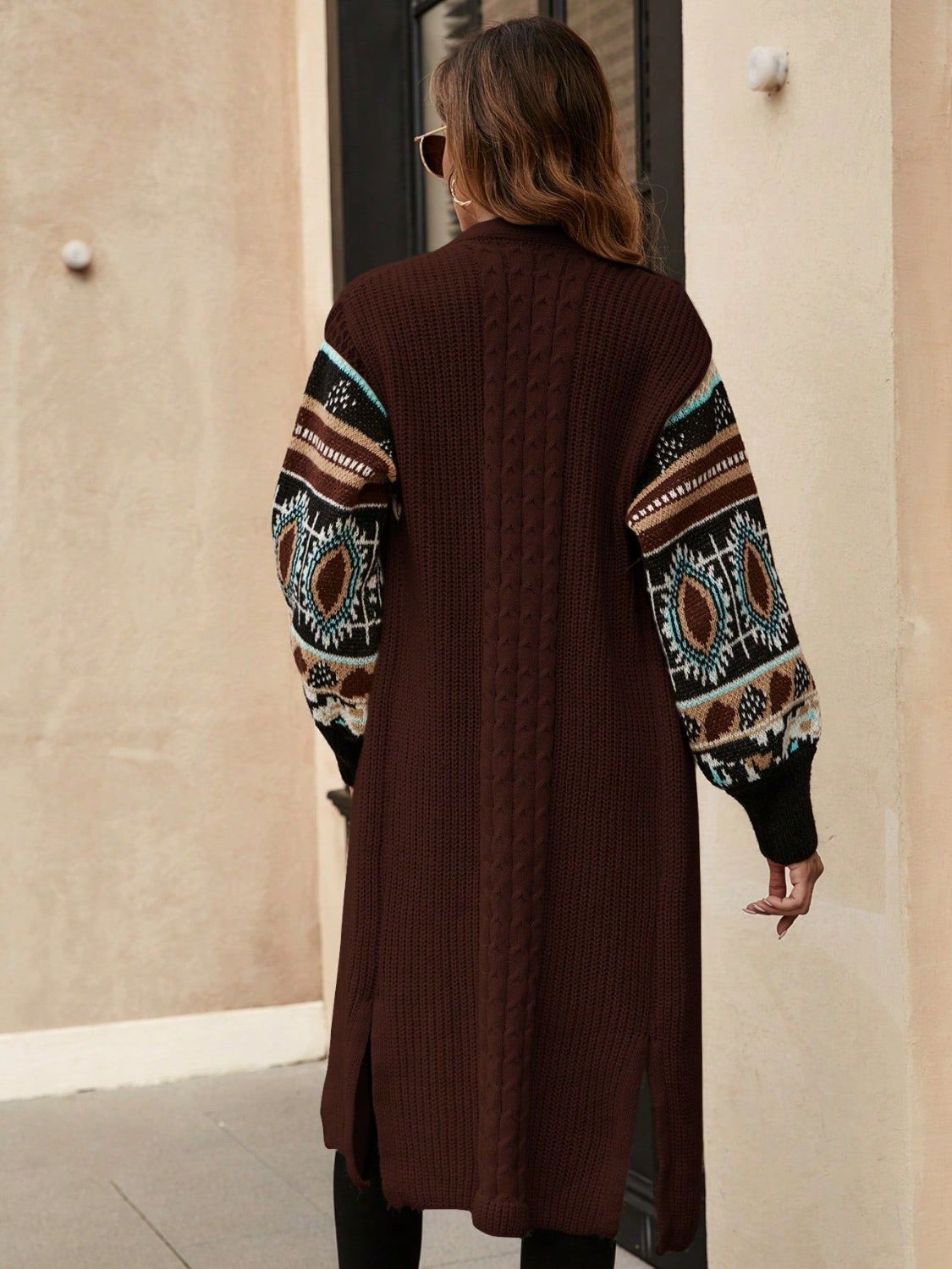 Slit Open Front Long Sleeve Longline Cardigan