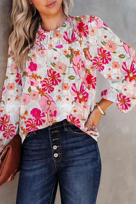 Floral Round Neck Balloon Sleeve Blouse