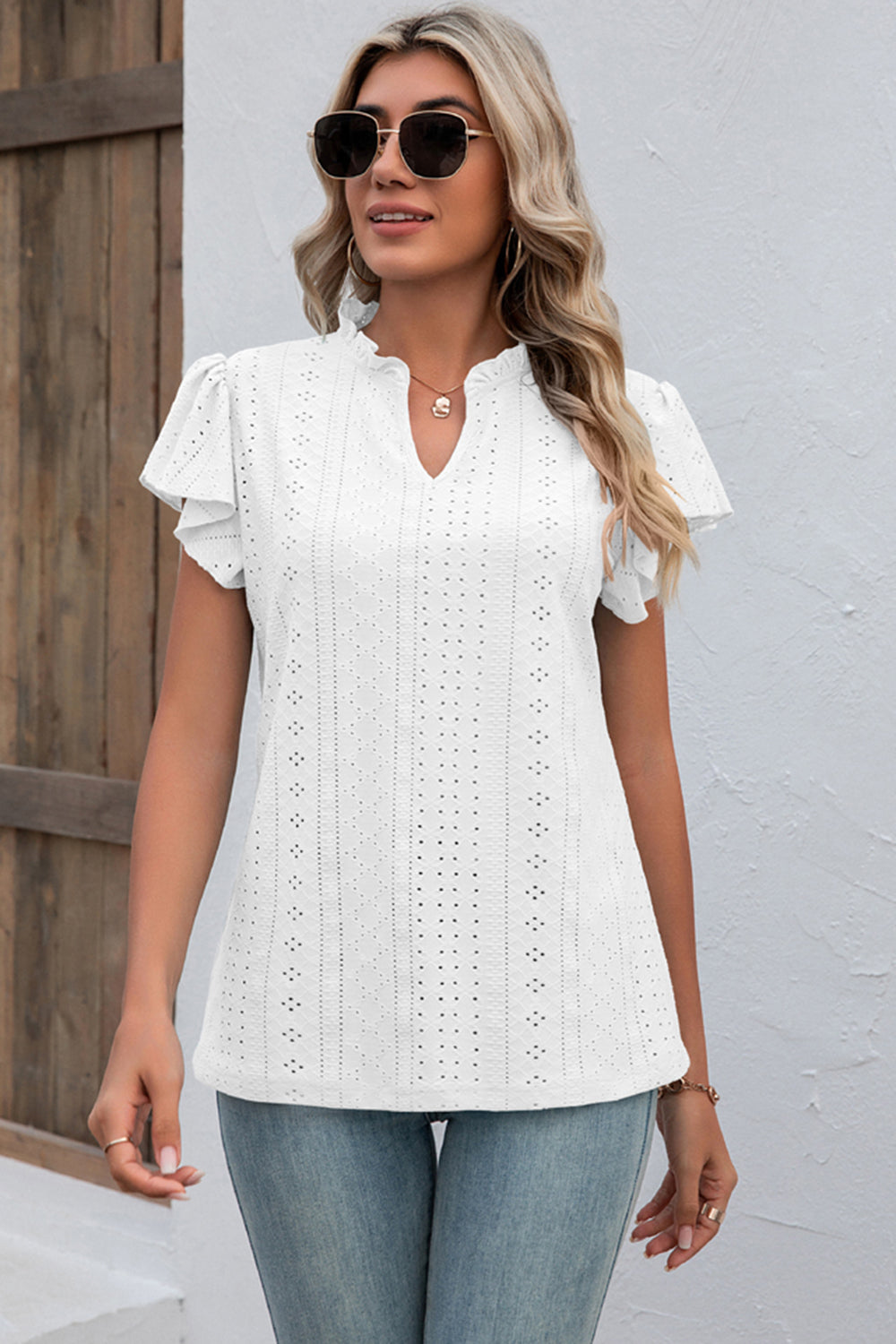 Eyelet Notched Flutter Sleeve T-Shirt