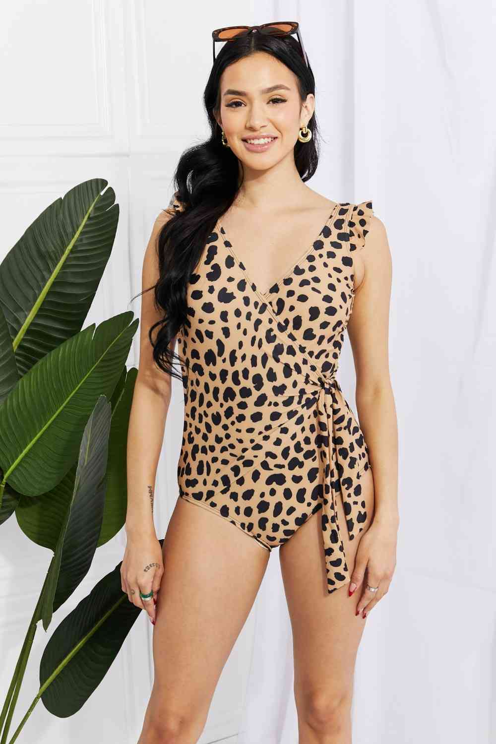 Marina West Swim Full Size Float On Ruffle Faux Wrap One-Piece in Leopard