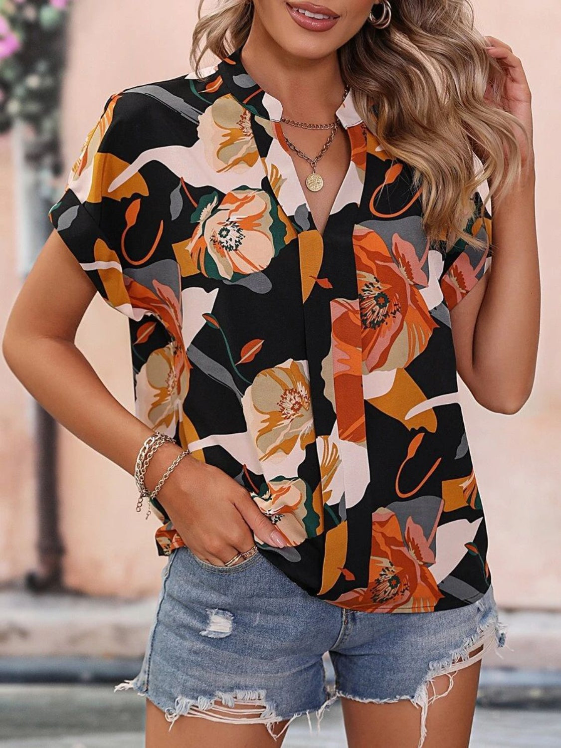 Printed Notched Short Sleeve Blouse