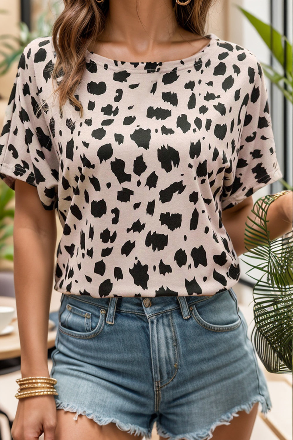 Backless Printed Boat Neck Short Sleeve Blouse